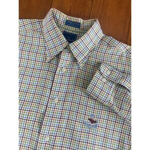 Men Faconnable France plaid cotton button down stitched logo dress shirt M